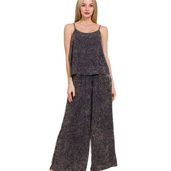 Zenana Woven Acid Crinkle Washed Cami & Pants 2 Piece Set - Picture 1 of 3